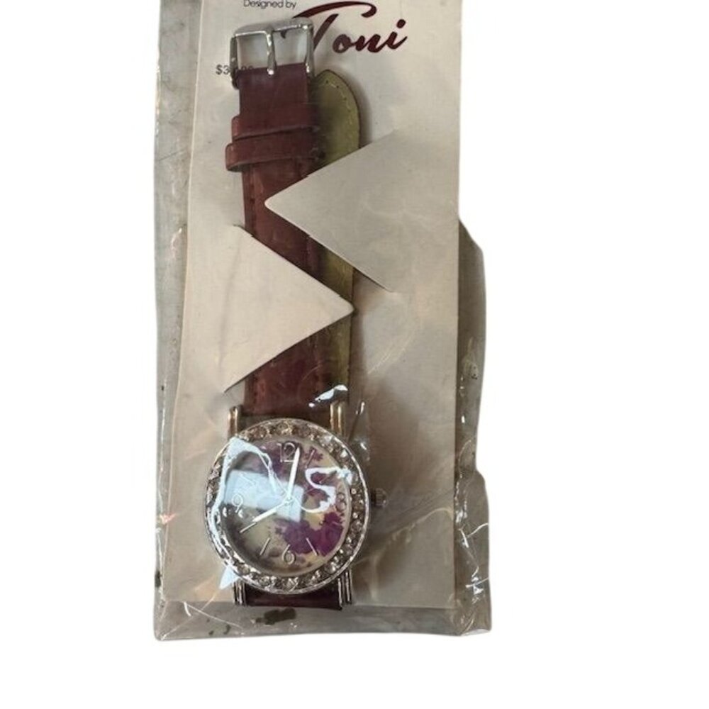 Designed By Toni Floral Watch With Rhinestone Bezel & Brown Leather Strap
